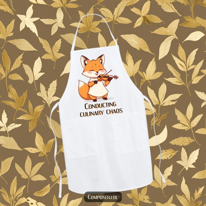 Funny apron with a fox in a smock artistically playing a miniature violin, perfect for a musical kitchen.