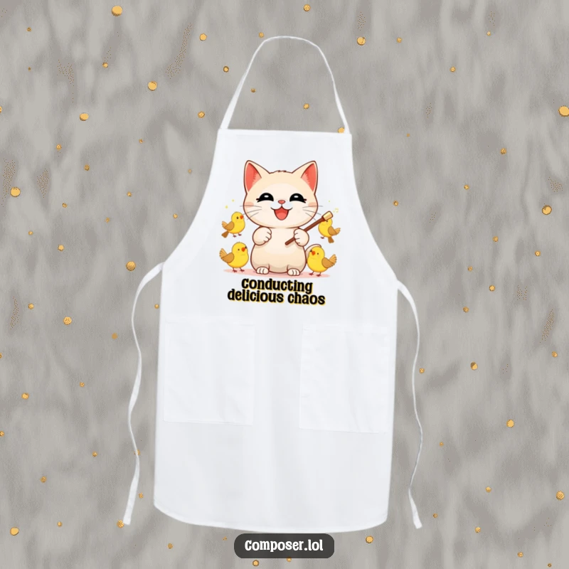 Funny Cat Conductor Apron, showing a happy cat energetically wielding a baton to direct a choir of singing birds.