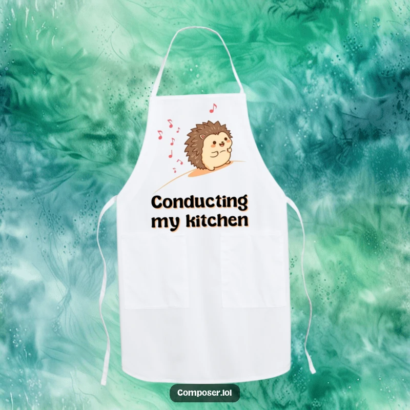 Funny apron showcasing a happy hedgehog rolling downhill with smiling musical notes, adding a touch of musical fun to kitchen chores and baking.