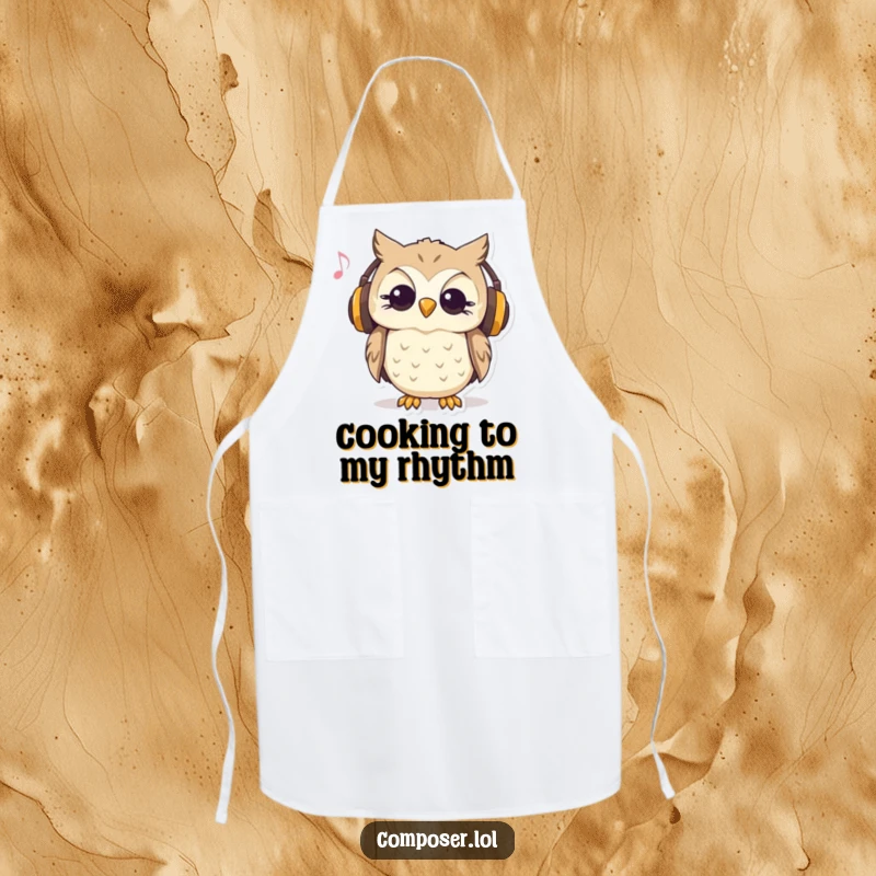 Funny apron with a curious owl wearing headphones and nodding to music, perfect for kitchen attire.