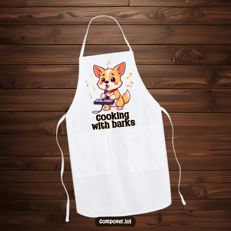 Funny apron depicting a determined dog composer barking rhythms, tail wagging, eyes bright, ideal for a musical kitchen.