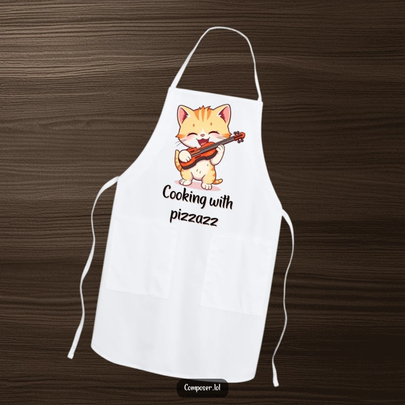 Funny cartoon kitten gleefully playing a tiny violin on a kitchen apron, adding musical charm to cooking.