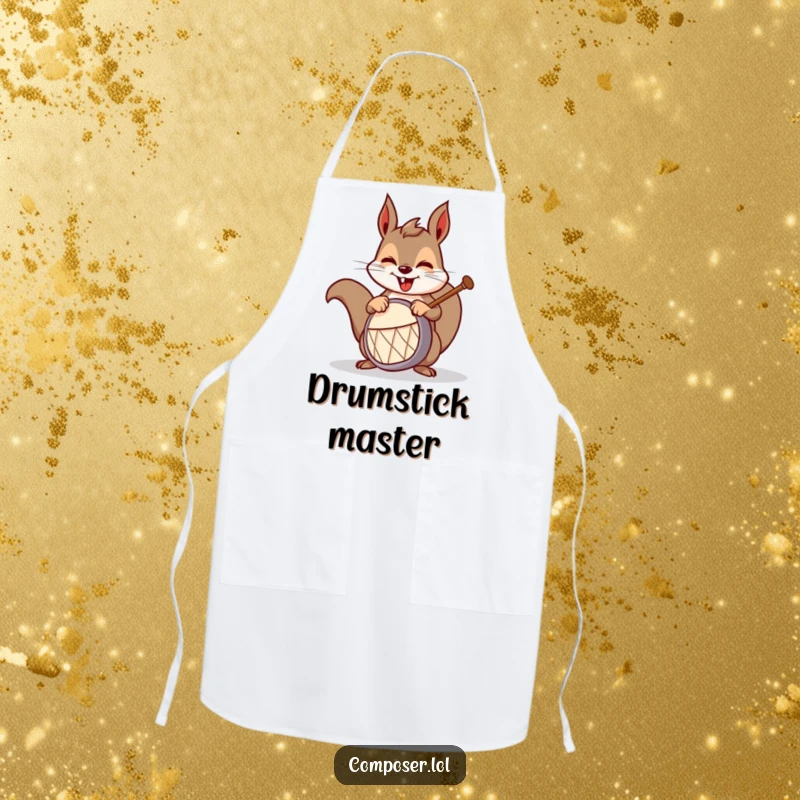 Funny squirrel drummer apron, showing a mischievous squirrel playing a drum, perfect for the cook who loves music and humor.
