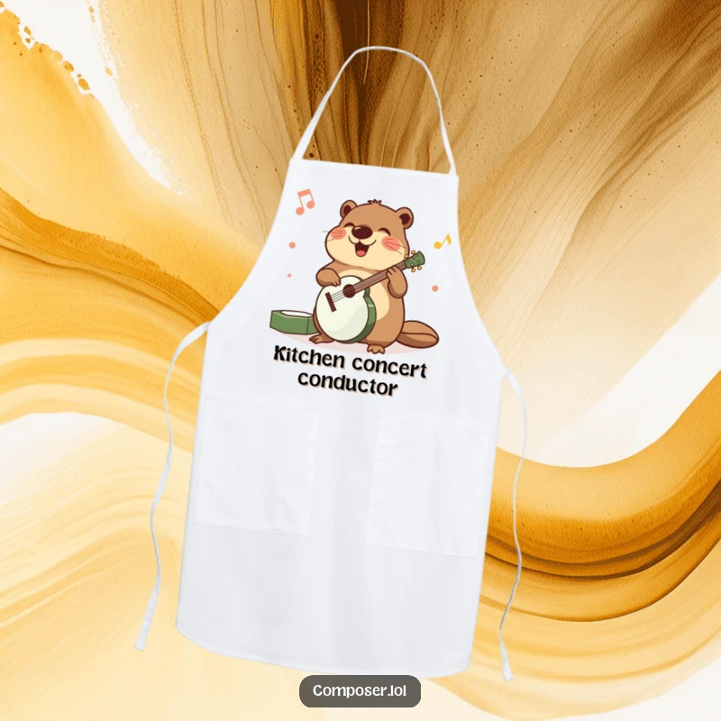 Funny apron with a beaming beaver precisely arranging musical instruments with happy movements, ideal for cooks.