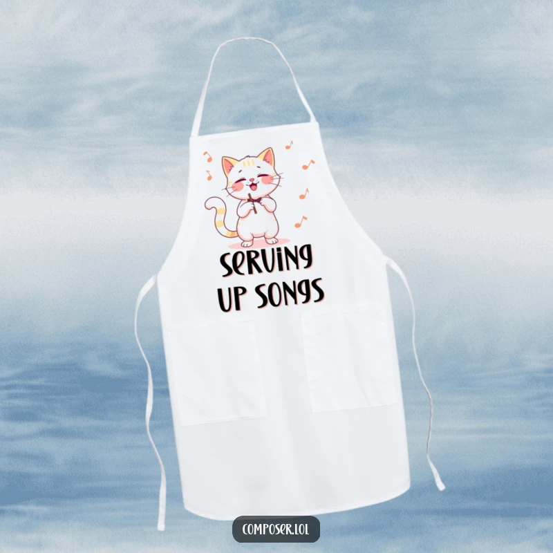 Funny cat composer apron, a giggling cat conducting with its tail, perfect for chefs passionate about music and cats.