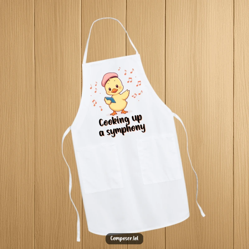 Funny apron with a duckling conductor in a beret leading musical notes, perfect for joyful cooking and kitchen protection.