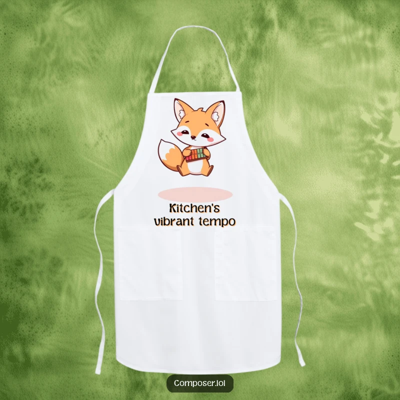 Funny fox apron showing a bouncy fox playing a tiny xylophone, a humorous and practical kitchen accessory.