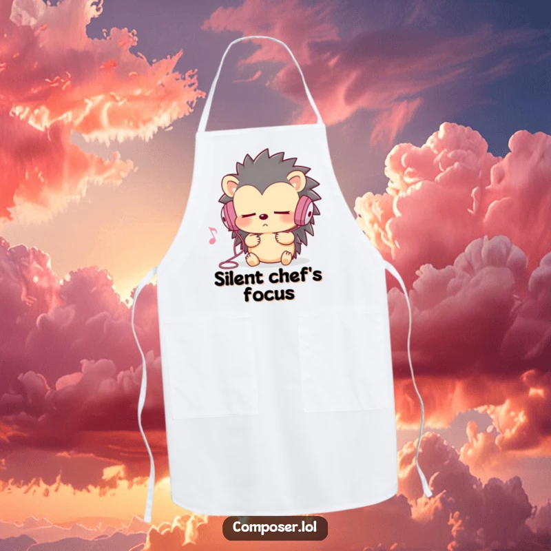 Funny hedgehog apron, wearing earbuds, eyes closed, intensely listening to music while cooking, chef gift.