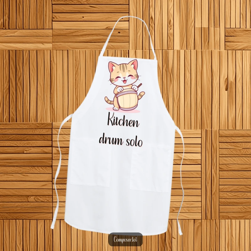 Funny apron with a playful cat drummer, perfect for kitchen fun and protecting clothes during cooking.