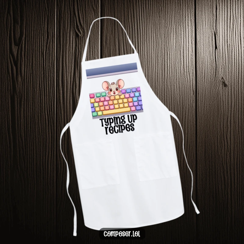 Funny Apron: A surprised cartoon mouse peeking out of a giant, colorful musical keyboard, adding humor to kitchen tasks.