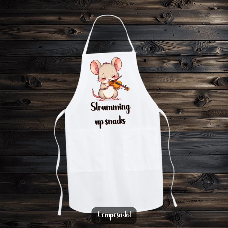 Funny Mouse Apron: Tiny mouse playing a tiny violin with intense concentration, perfect for a focused kitchen.