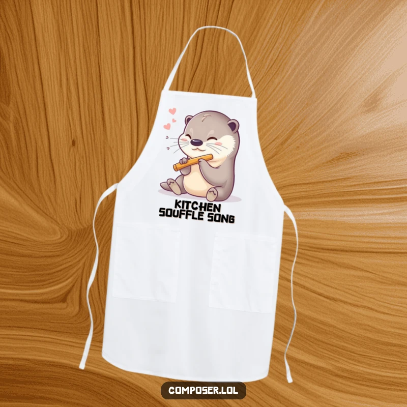 Funny apron showcasing a sweet otter playing a miniature flute, perfect for kitchen fun.