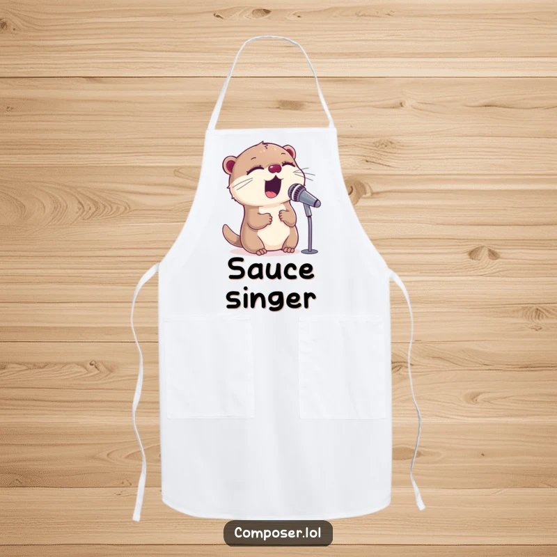 Funny otter character enthusiastically singing into a microphone on a practical apron, bringing performance fun to cooking.