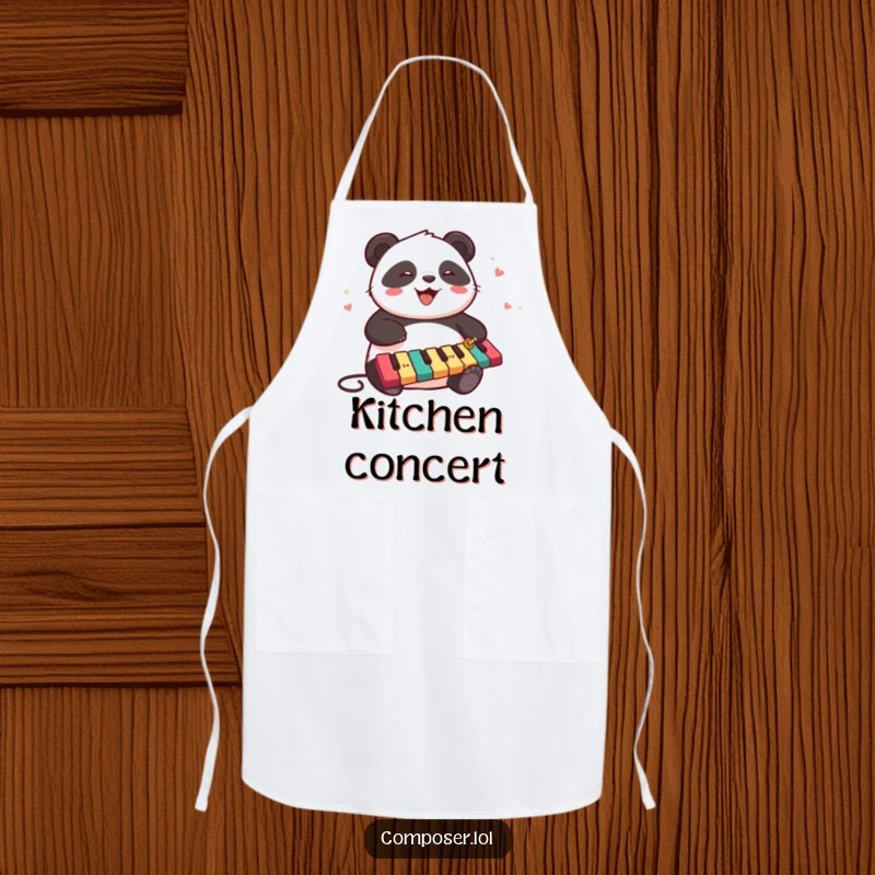 Funny panda character joyfully playing a xylophone on a practical apron, bringing musical fun to the kitchen.