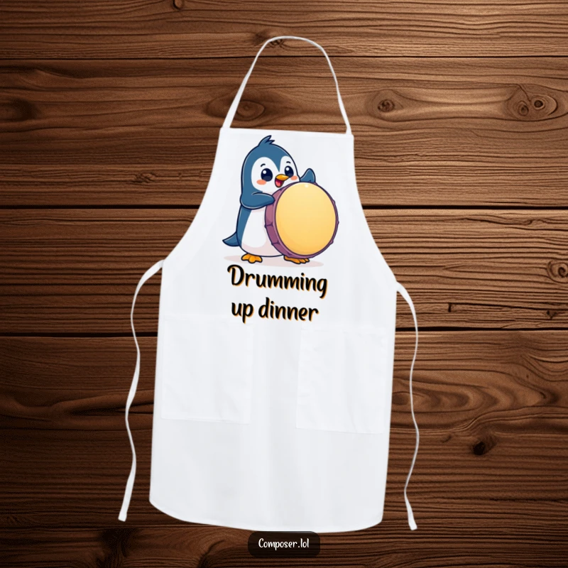 Funny Penguin Apron: Penguin enthusiastically pounds a giant drum, perfect for a musical kitchen experience.