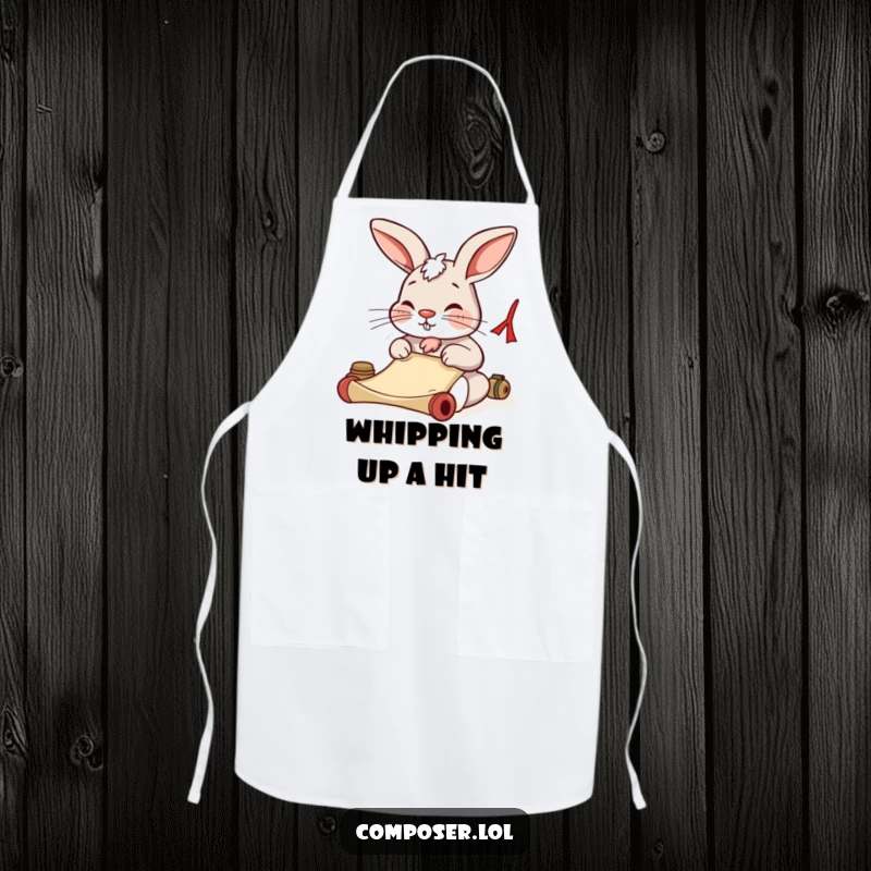 Funny rabbit intensely writing on a scroll while wearing an apron. Ideal for chefs and writers.