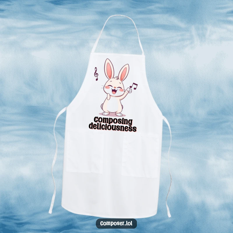 Funny giggling cartoon rabbit composer tapping musical notation on a kitchen apron, a humorous cooking companion.