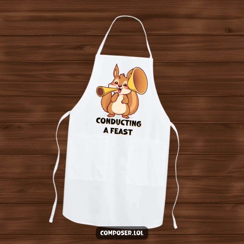 Funny squirrel character enthusiastically tooting a huge French horn on a practical apron, ideal for kitchen fun and cooking.
