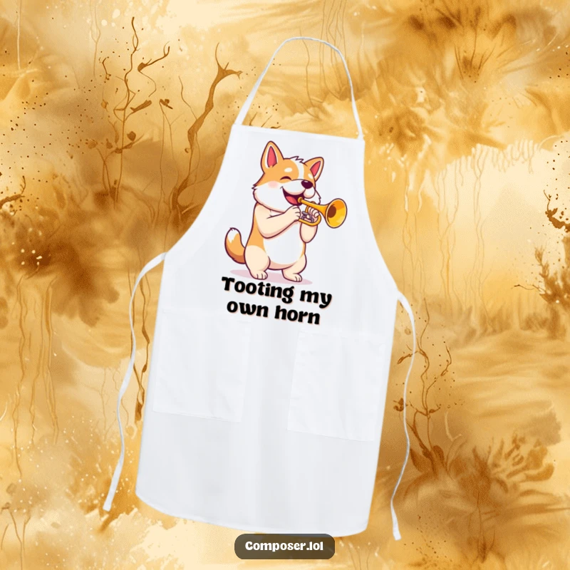 Funny Trumpet Dog Chef Apron: Proud dog playing majestic trumpet, functional and humorous kitchen wear