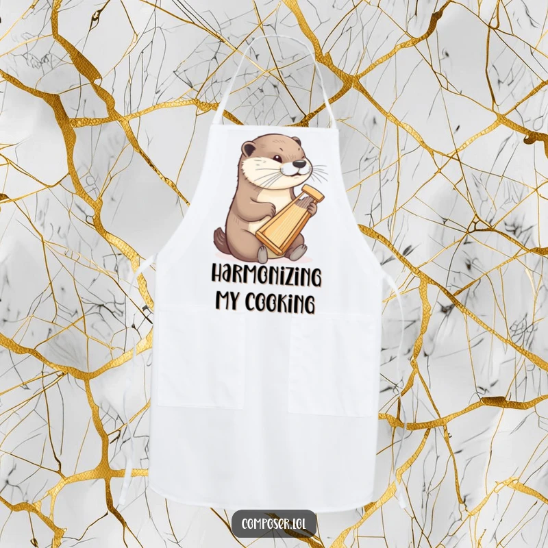 Funny otter apron showing a determined otter playing a tiny harp, a humorous and practical kitchen accessory.