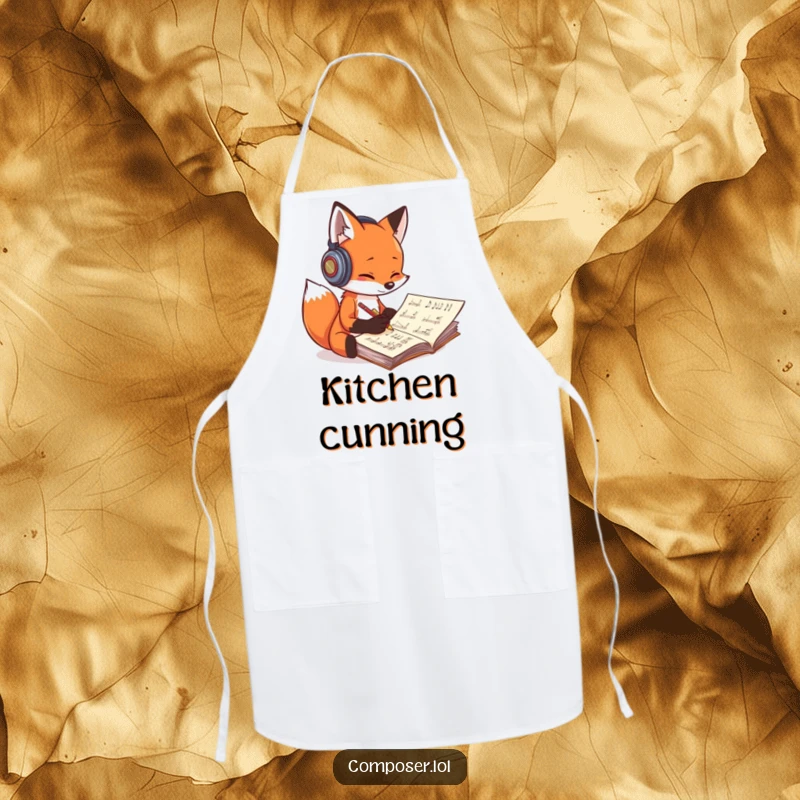 Funny fox composer apron, a fox with headphones scribbling music, perfect for chefs passionate about creativity.