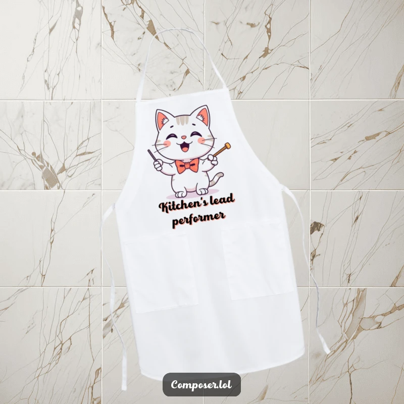 Funny apron depicting a happy cat wearing a tiny bow tie, enthusiastically conducting with a baton, ready for the kitchen.