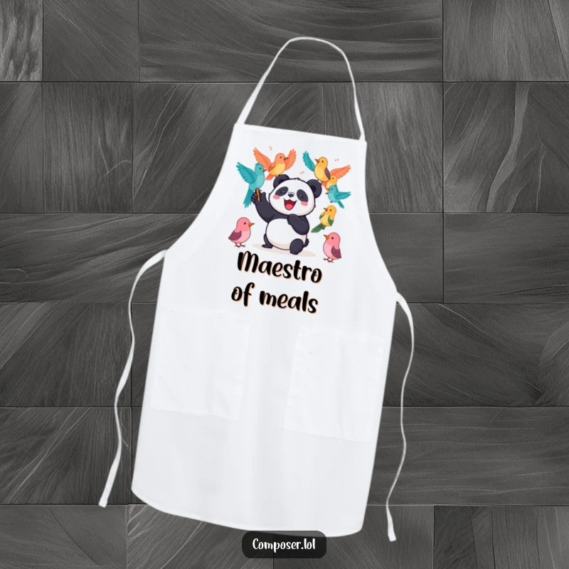 Funny Panda Apron: A joyful panda enthusiastically conducts a colorful orchestra of birds in a whimsical kitchen setting.