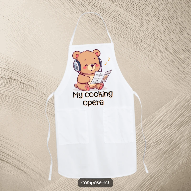 Funny apron with a studious bear wearing headphones and humming to music, perfect for kitchen fun.