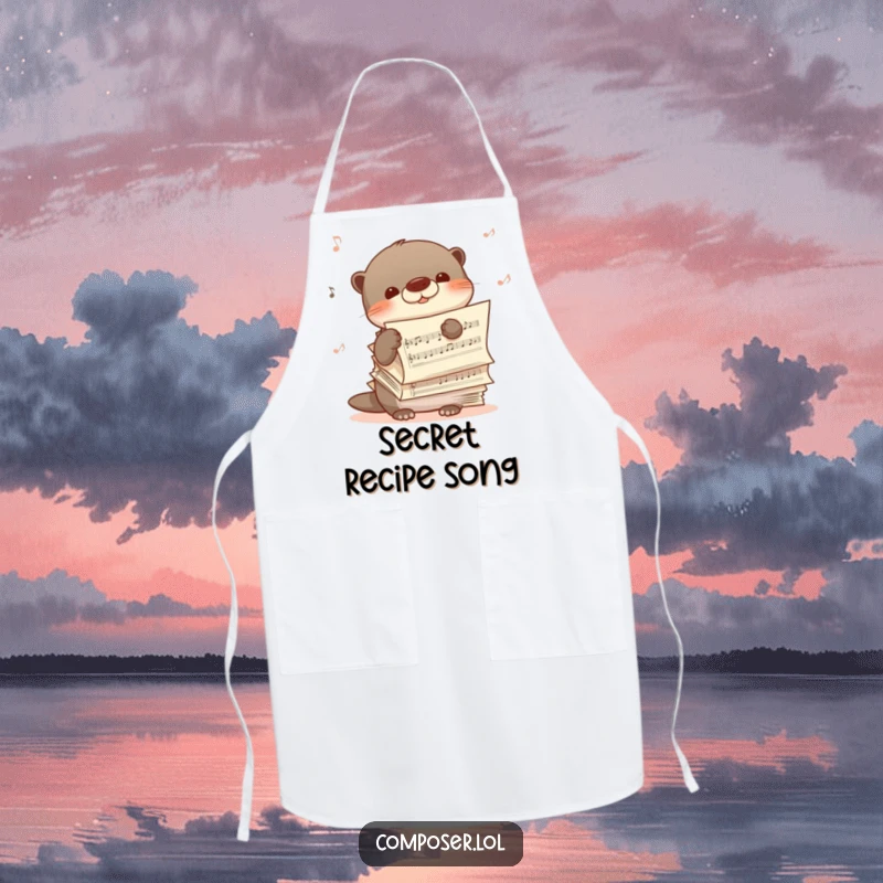 Funny apron with a shy otter peeking from behind sheet music, humming happily, adding musical cheer to cooking.