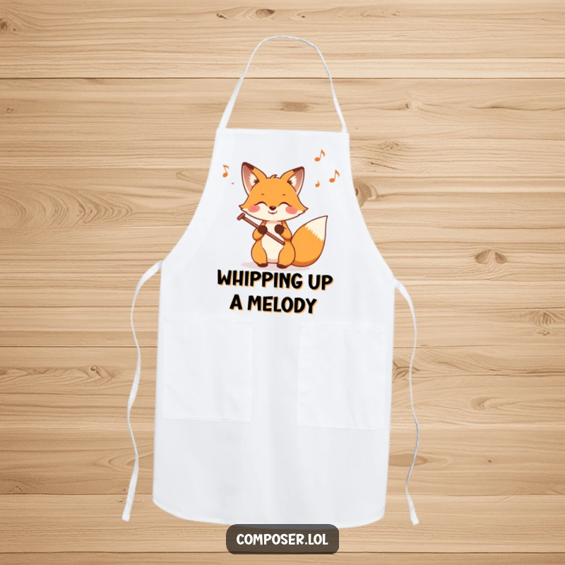 Funny Fox Composer Apron, showing a happy fox energetically writing musical notes on a staff with flowing ink.
