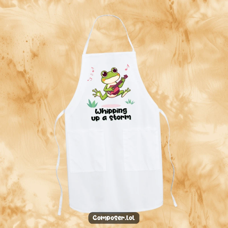 Funny apron showing a joyful frog composer leaping with excitement while composing, perfect for a fun kitchen.