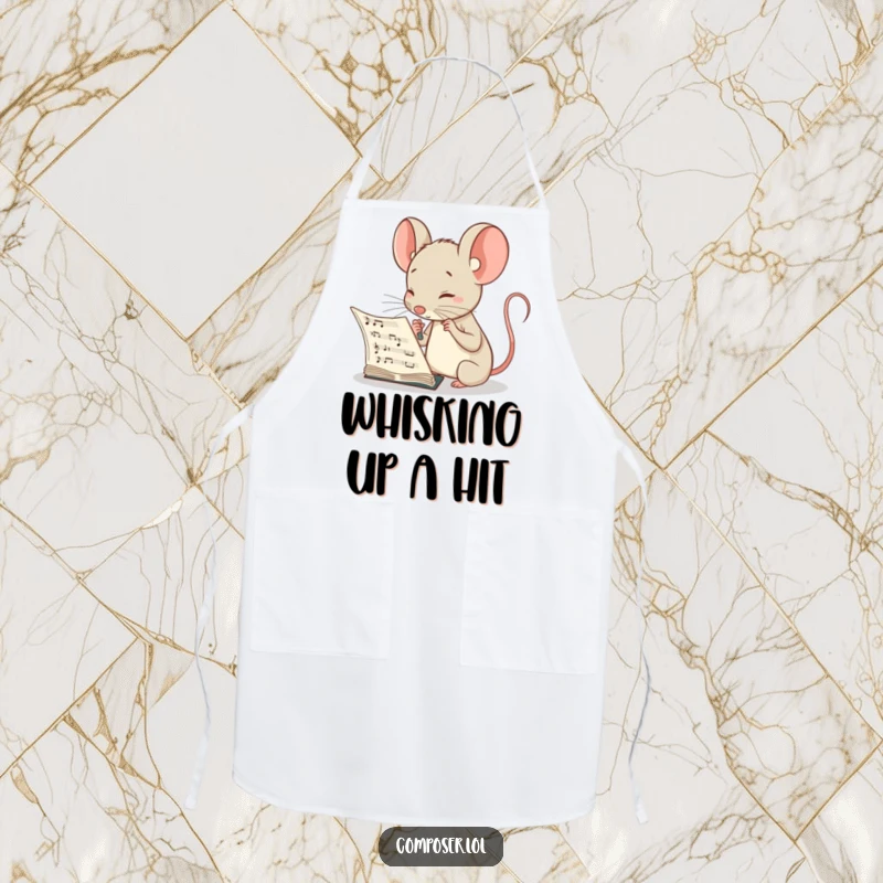 Funny apron showing a curious mouse composer intently studying a musical score, ideal for the detail-focused cook.
