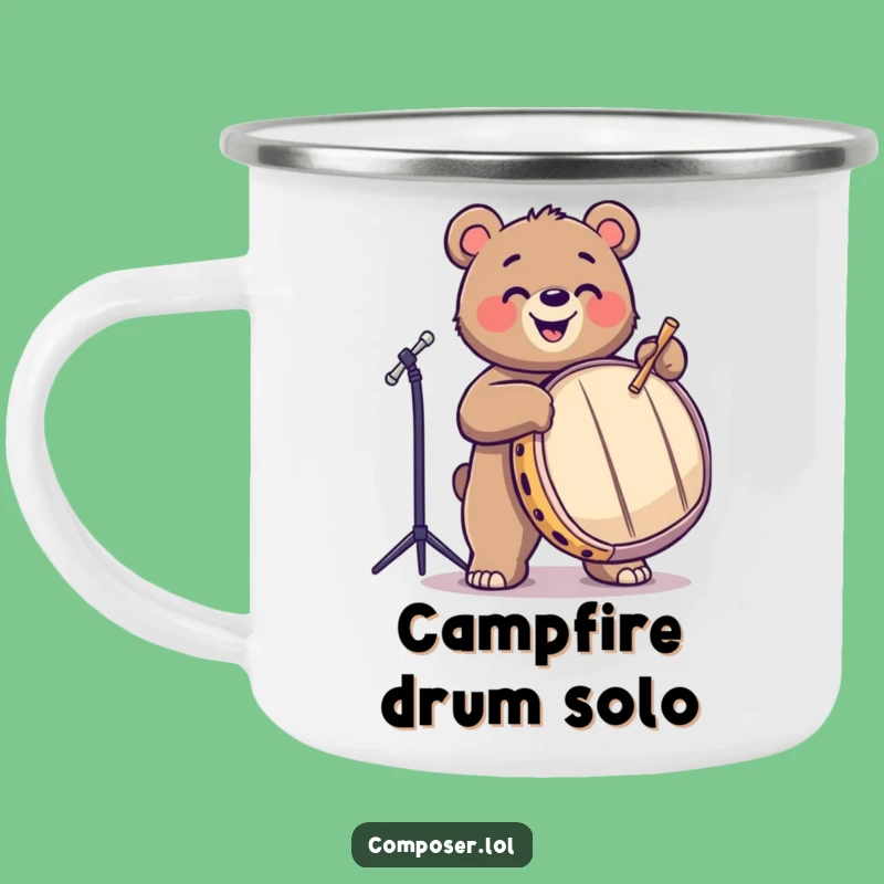 Funny Bear Camping Mug: Joyful Drummer Enamel Cup, Rugged Funny Gift!