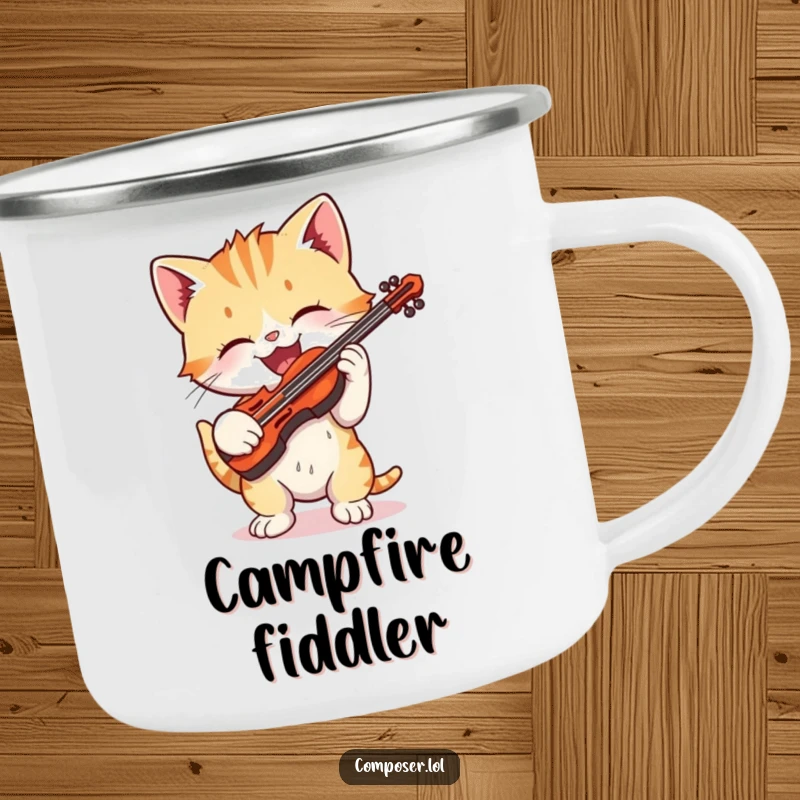 Funny cartoon kitten gleefully playing a tiny violin on a durable camping mug, perfect for musical campers.