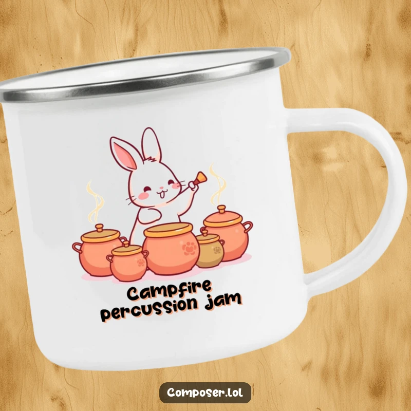 Funny Rabbit Drummer Camping Mug, depicting a happy rabbit drumming a beat on pots in a natural setting.