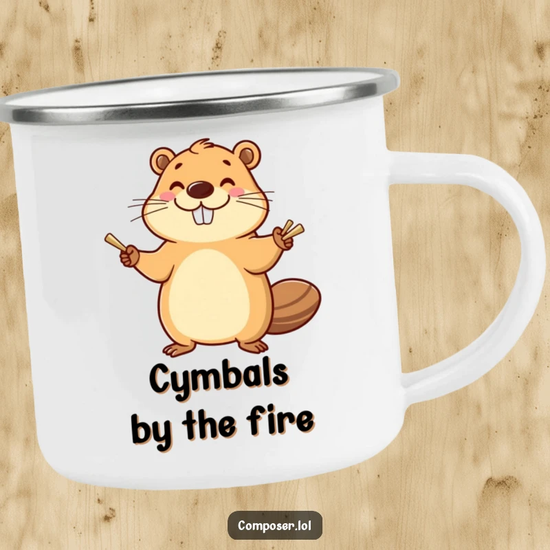 Funny Beaver Campfire Mug: Smiling beaver enthusiastically banging cymbals with a happy flourish, durable and humorous camp gear