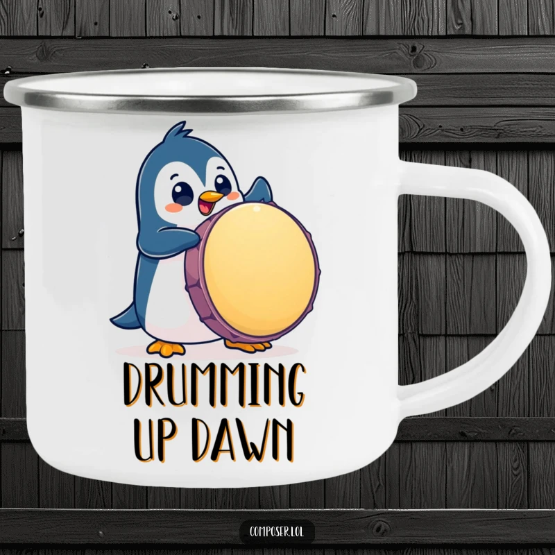 Funny Penguin Camping Mug: Penguin enthusiastically pounds a giant drum with big eyes, perfect for outdoor beats.