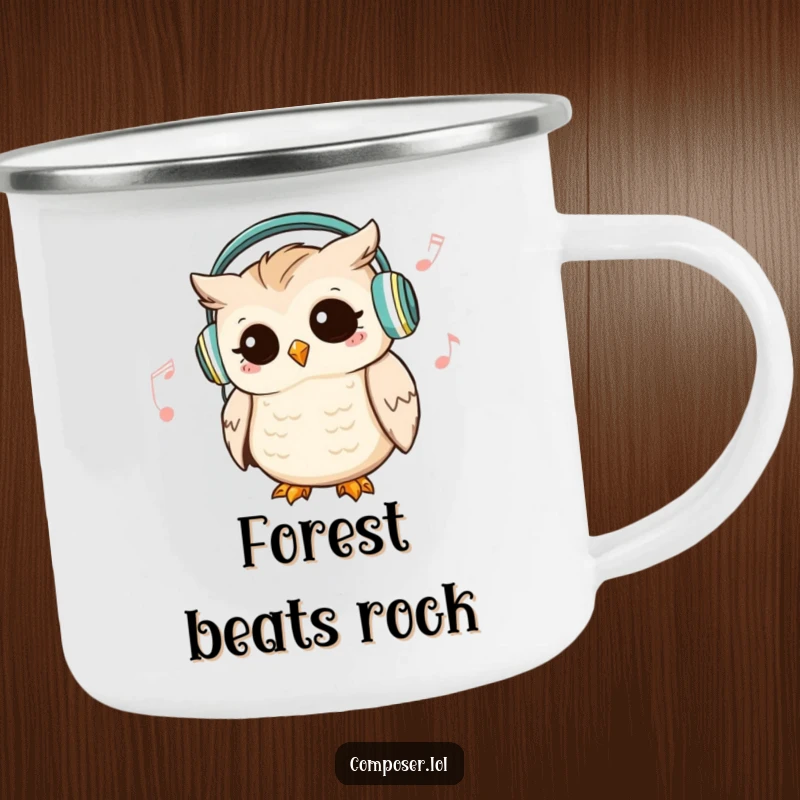 Funny Owl DJ Camping Mug: a cute owl wears headphones and nods rhythmically, ideal for outdoor music lovers.