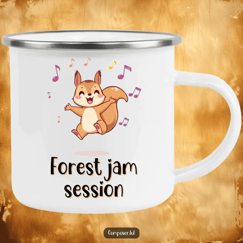 Funny Squirrel Music Camping Mug - A squirrel leaping between musical notes, designed for outdoor adventures and coffee lovers.