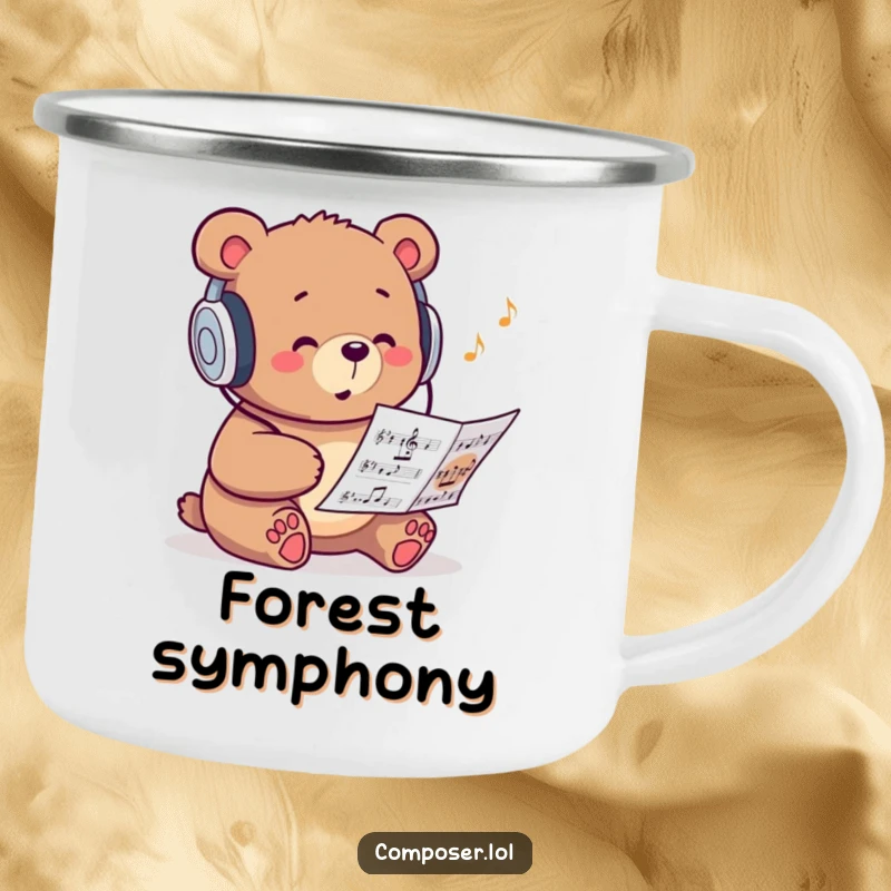 Funny camping mug with a studious bear wearing headphones and humming music, perfect for outdoor trips.