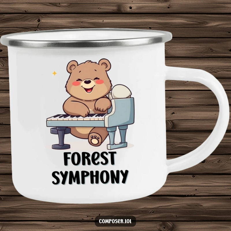 Funny bear composer camping mug, a bear playing piano in the wild, ideal for outdoor musical enjoyment.