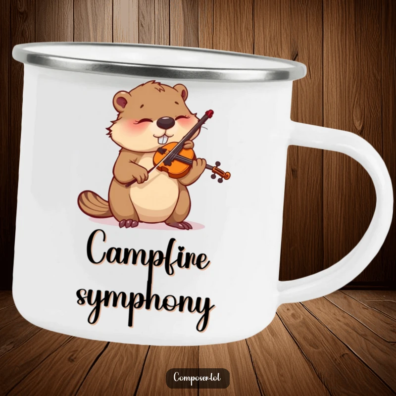 Funny camping mug depicting a busy beaver intensely tuning a violin, built for outdoor adventures.