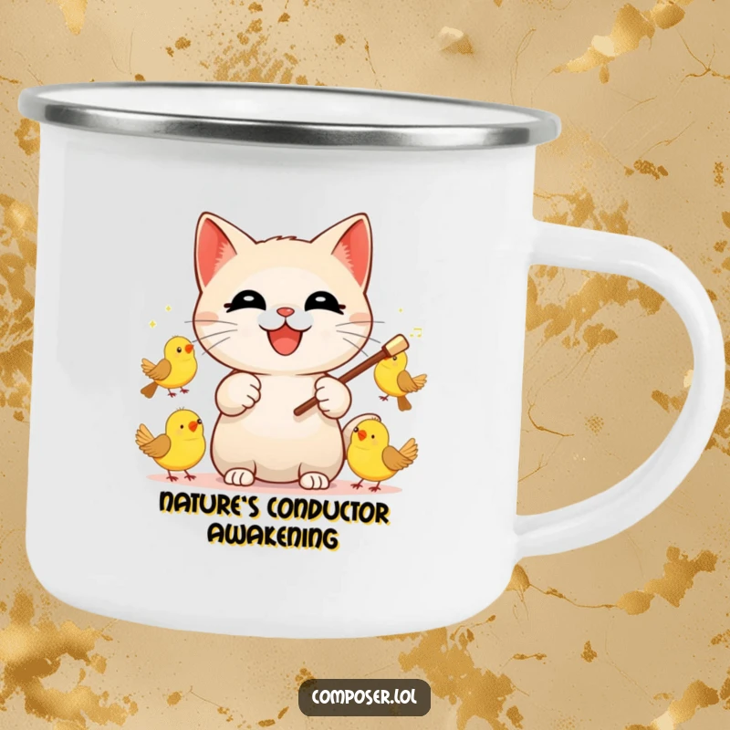 Funny Cat Conductor Camping Mug, depicting a happy cat leading a vibrant symphony of chirping birds under the open sky.