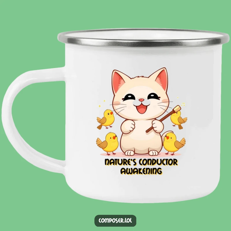 Funny Cat Conductor Camping Mug: Adventure with a Maestro Cat and Bird Tunes