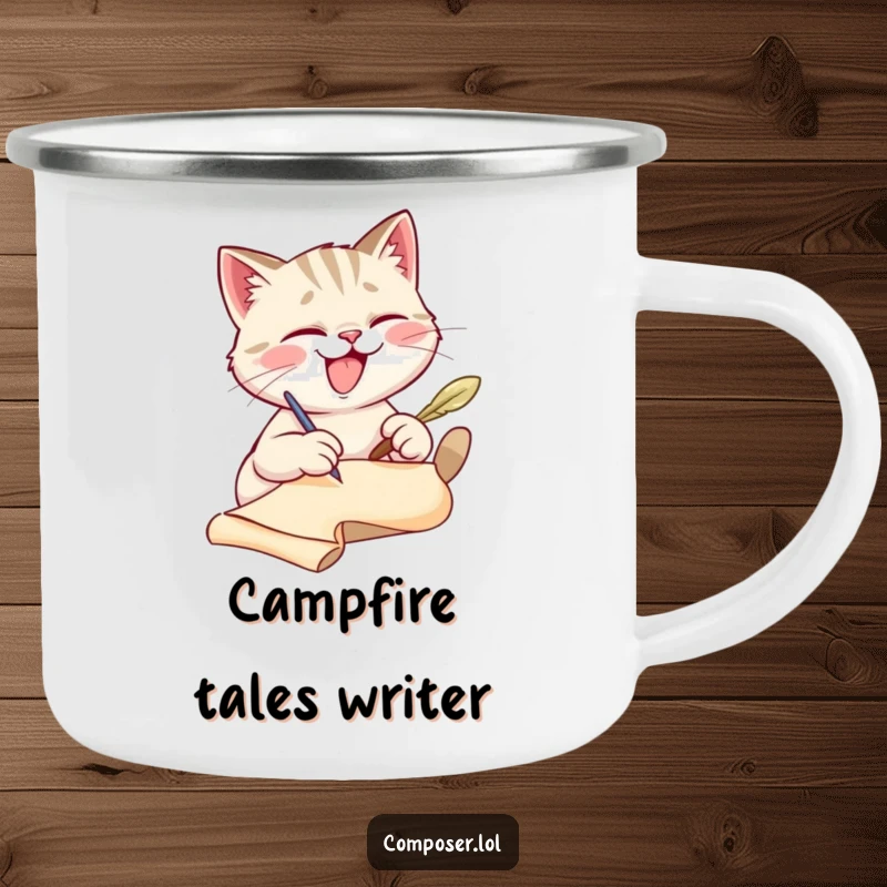 Funny cat scribe camping mug, perfect for outdoor adventures, inspiring creative thoughts. A rugged, funny gift.