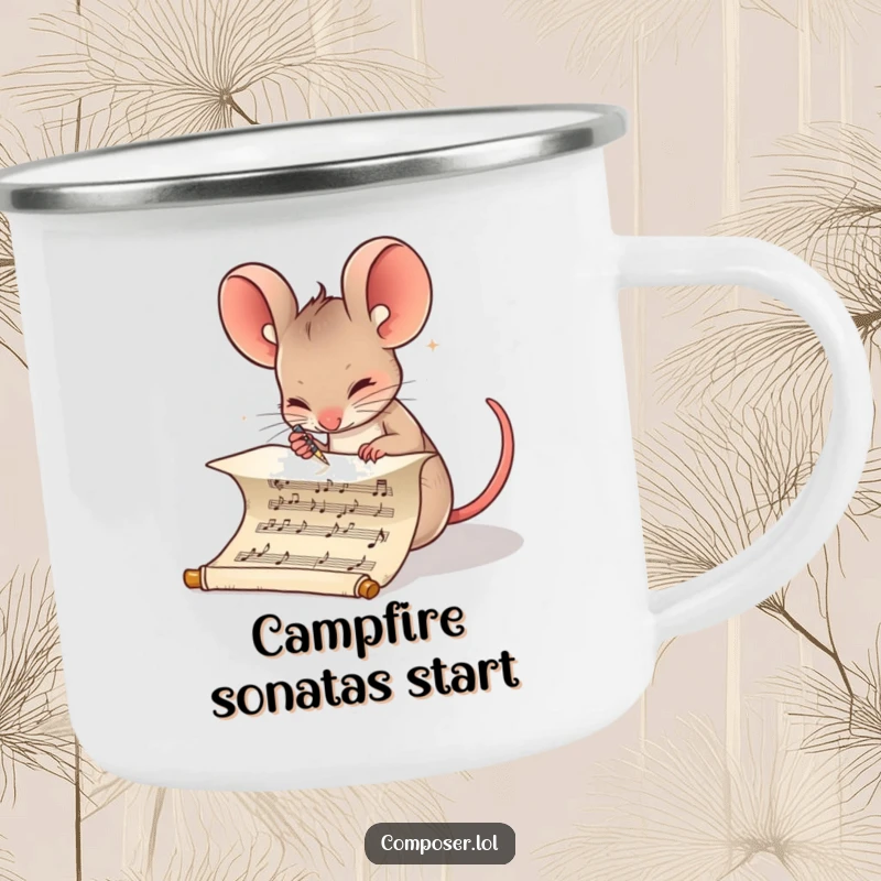 Funny Composer Mouse Campfire Mug: Determined mouse writing musical notes on a scroll, durable and humorous camp gear