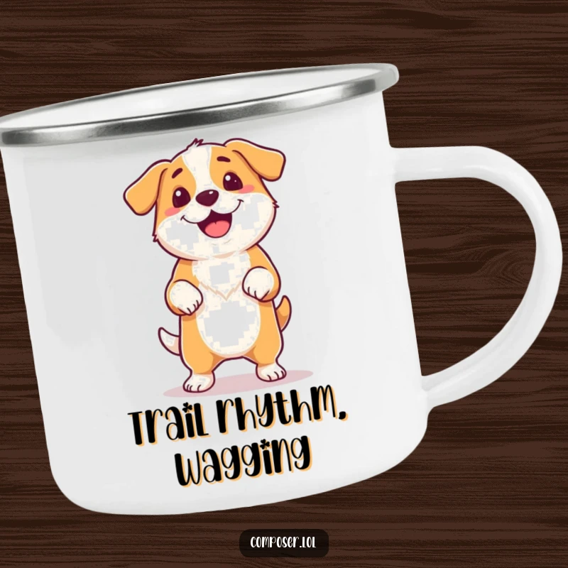 Funny proud dog tapping its foot, tail wagging, holding a camping mug, outdoor theme.