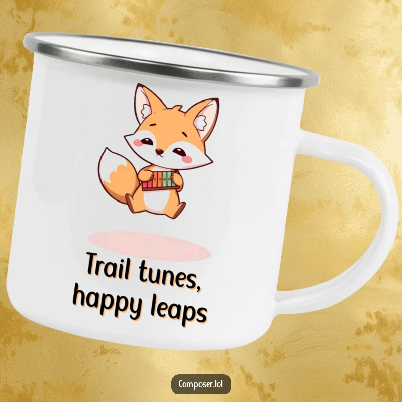 Funny fox campfire mug with a bouncy fox playing a tiny xylophone, humorous and durable for outdoor adventures.