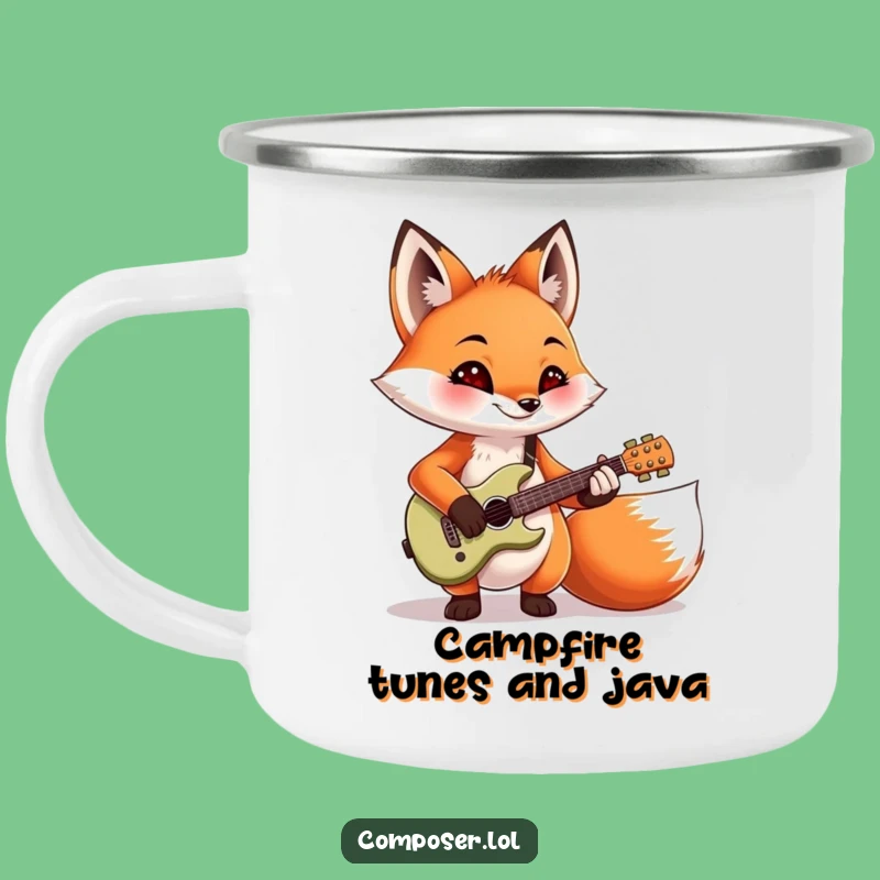 Funny Fox Camping Mug: Mischievous Guitarist Enamel Cup, Rugged Funny Gift!