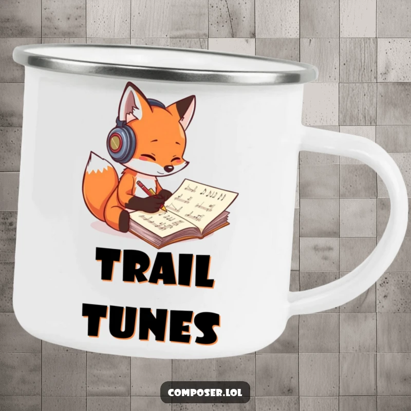 Funny fox composer camping mug, a fox with headphones scribbling notes, ideal for enjoying beverages outdoors.